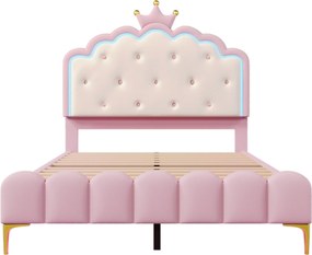 Pat tapițat 140x200 cm cu somieră cu lamele, formă de prințesă moștenitoare, fără saltea, Roz
