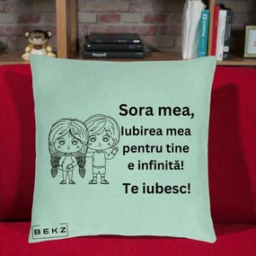 Cadou pentru Sora - Perna Personalizata Sora Mea Te Iubesc Copii Anime Line Art, 40x40 cm, Verde Menta, Husa Detasabila, Perna Inclusa, BEKZ®