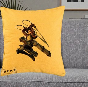 Perna Personalizata Attack on Titan Eren Yeager Lupta, 40x40 cm, Galben, Husa Detasabila, Perna Inclusa, BEKZ®