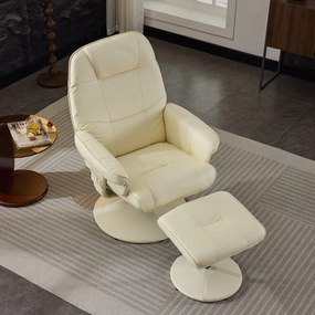 Fotoliu de masaj cu funcție de înclinare, fotoliu de relaxare din material PU, rotație de 360°, încălzire & taburet, 75x79,5x107 cm, Bej