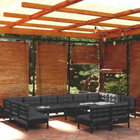 3097233 vidaXL Set mobilier grădină cu perne, 13 piese, negru, lemn masiv pin