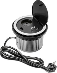 Priză încorporabilă în blat GTV, 1 priză Schuko, 2 porturi USB, argintiu, D:115 mm D:115 mm; H:90 mm, Argintiu, Metal/Plastic