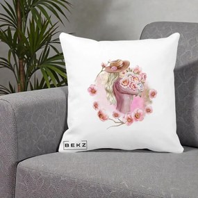 Perna Decorativa Femeie cu Flori Roz Acuarela, 40x40 cm, Alba Mata, Husa Detasabila, Perna Inclusa, BEKZ®