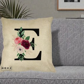 Cadou Personalizat - Perna Personalizata Monograma Florala Litera E, 40x40 cm, Crem, Husa Detasabila, Perna Inclusa, BEKZ®