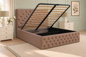 Pat tapițat Chesterfield din catifea Venezia 140×200 cm, cappuccino, cu ladă de depozitare