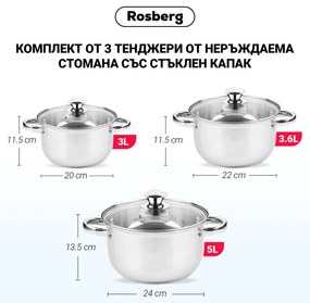 Set oale Rosberg R51210O6, 6 piese, 3-5 L, Capac din stica, Inox