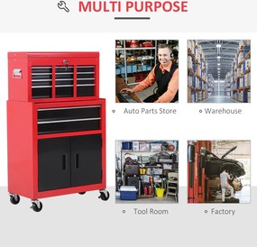 HOMCOM Cutie pentru Unelte pe Roți cu 6 Sertare, 2 în 1, Dulap Spațios cu Încuietoare, Metal, Roșu | Aosom Romania