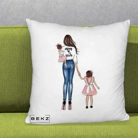 Cadou pentru Mama - Perna Personalizata Mom of Girls Mama cu Fetele, 40x40 cm, Alb Pufos, Husa Detasabila, Perna Inclusa, BEKZ®