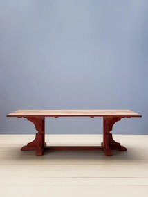 Masă de dining din lemn reciclat, cu blat patinat natur și bază sculptată roșu cărămiziu, finisaj vintage, 240×100×76 cm, „Redwood"