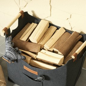 Outsunny Sac din Fetru pentru Lemne de Foc, Coș Portalemne de Interior cu Mânere din Lemn, Coș Multiuz pentru Pături, Reviste și Bucșe de Lemn, 45x32x40 cm, Gri Închis | Aosom Romania