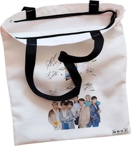 Sacosa de Panza pentru Cumparaturi, Geanta Tote, model BTS Army 9 cu semnaturii, Cu fermoar, 38x34.5 cm, Alba, BEKZ®