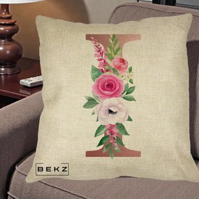 Cadou Personalizat - Perna Personalizata Monograma Rose Gold Litera I, 40x40 cm, Crem, Husa Detasabila, Perna Inclusa, BEKZ®