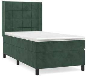 Pat box spring cu saltea, verde inchis, 90x190 cm, catifea Verde inchis, 90 x 190 cm, Cu blocuri patrate