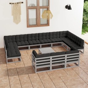 3077291 vidaXL Set mobilier grădină cu perne, 14 piese, gri, lemn masiv de pin