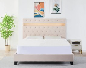 Pat Tapitat Catifea cu Iluminare LED, Somiera si Saltea Inclusa ,   Bej 160x200 cm   Cod FB-18