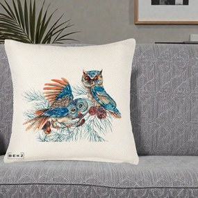Perna Decorativa Bufnite de Iarna Albastre, 40x40 cm, Crem Reliefat, Husa Detasabila, Perna Inclusa, BEKZ®