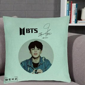 Perna Personalizata K-pop BTS Jimin Portret Cerc Autograf Geaca, 40x40 cm, Verde Menta, Husa Detasabila, Perna Inclusa, BEKZ®