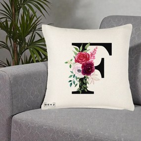 Cadou Personalizat - Perna Personalizata Monograma Florala Litera F, 40x40 cm, Crem Reliefat, Husa Detasabila, Perna Inclusa, BEKZ®