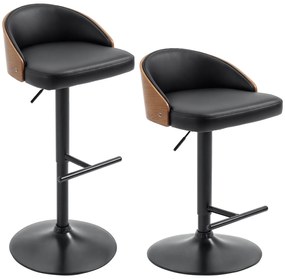 HOMCOM Scaune de Bar Set 2 buc., Scaun de Bar Tapitat din Oțel și Lemn Masiv, Înălțime Reglabilă pentru Bucătărie cu Suport pentru Picior, Rotativ 360°, Scaun de Bar pentru Bucătărie, Sufragerie, Sală de Mese, Negru+Cafea | Aosom Romania