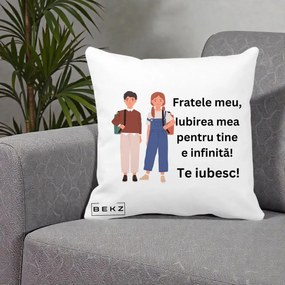 Cadou pentru Frate - Perna Personalizata Fratele Meu Te Iubesc Elevi Ilustratie Colorata, 40x40 cm, Alba Mata, Husa Detasabila, Perna Inclusa, BEKZ®