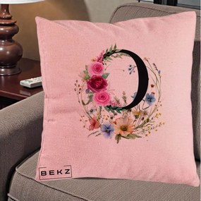 Cadou Personalizat - Perna Personalizata Monogram Litera O cu Flori Acuarela, 40x40 cm, Roz, Husa Detasabila, Perna Inclusa, BEKZ®