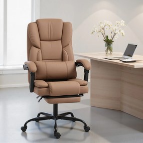 Scaun de birou ergonomic HOMCOM reclinabil 140° cu reposapiede și pernă, scaun de birou din piele ecologică anti-zgârieturi, ușor de curățat, brațe îmbunătățite, pivotant și reglabil pe înălțime, maro | Aosom Romania