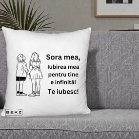 Cadou pentru Sora - Perna Personalizata Sora Mea Te Iubesc Copii Tinand Maini Line Art, 40x40 cm, Alb Pufos, Husa Detasabila, Perna Inclusa, BEKZ®