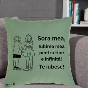 Cadou pentru Sora - Perna Personalizata Sora Mea Te Iubesc Copii Tinand Maini Line Art, 40x40 cm, Verde, Husa Detasabila, Perna Inclusa, BEKZ®