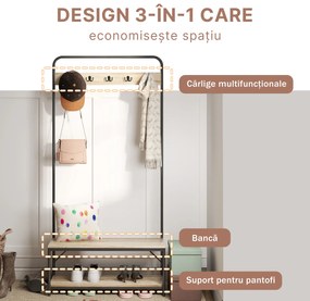 HOMCOM Set Hol cu Cuier, Bancă și Suport pentru Pantofi, Stil Industrial, Mobilier pentru Intrare, Metal și Lemn | Aosom Romania
