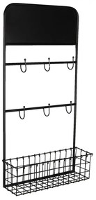 Etajera de perete, neagra, din metal, cu 6 agatatori si un cos, Virelle