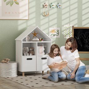 AIYAPLAY Bibliotecă pentru copii mobilier de depozitare pentru copii 3 nivele cu două sertare formă de casă 63,7 x 29,7 x 89 cm alb | Aosom Romania