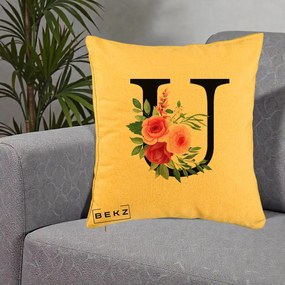 Cadou Personalizat - Perna Personalizata Monograma Florala Litera U, 40x40 cm, Galben, Husa Detasabila, Perna Inclusa, BEKZ®