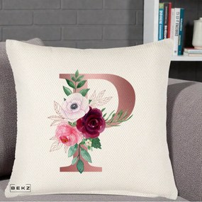 Cadou Personalizat - Perna Personalizata Monograma Rose Gold Litera P, 40x40 cm, Crem Reliefat, Husa Detasabila, Perna Inclusa, BEKZ®