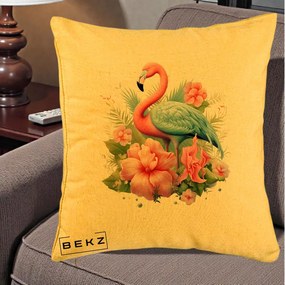 Perna Decorativa Flamingo cu Hibiscus Tropical, 40x40 cm, Galben, Husa Detasabila, Perna Inclusa, BEKZ®