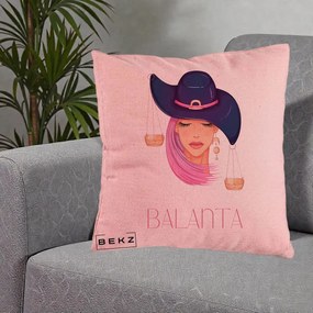 Perna Personalizata Zodiac Balanta Cowgirl, 40x40 cm, Roz, Husa Detasabila, Perna Inclusa, BEKZ®