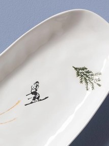 Platou de servire din ceramică albă, formă ovală, cu motive de iarnă pictate manual, 3,5 × 30,5 × 13 cm, „Slalom"