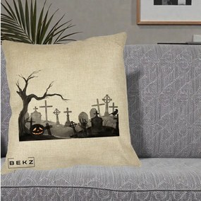 Perna Decorativa Halloween Cimitir Acuarela cu Dovleac, 40x40 cm, Crem, Husa Detasabila, Perna Inclusa, BEKZ®