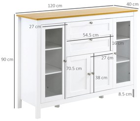 HOMCOM Comodă de Bucătărie, Mobilier de Bucătărie cu 2 Sertare, 3 Dulapuri, Blat de Lucru din Caucciuc, Bufet cu Uși din Sticlă, Rafturi Ajustabile, pentru Sufragerie, 120x40x90cm, Alb | Aosom Romania