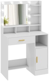 HOMCOM Coafură cu oglindă și 10 lumini LED, luminozitate reglabilă, sertar, dulap și rafturi deschise, 80x40x135cm, alb | Aosom Romania