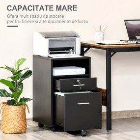 Vinsetto Comodă de Birou cu 2 Sertare și Raft Deschis, Mobilier cu 5 Rotile, Încuietoare și 2 Chei, 39x40x65 cm, Negru | Aosom Romania