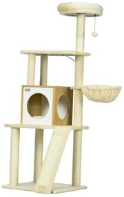 Copac pentru Pisici cu Casuta, Stalpi de zgariere pentru Pisici de interior, Stinghie si Stalp, 48.5x48.5x141.5cm, Bej PawHut | Aosom RO