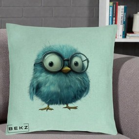 Perna Decorativa Pui Pufos Teal cu Ochelari, 40x40 cm, Verde Menta, Husa Detasabila, Perna Inclusa, BEKZ®