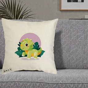 Perna Decorativa Triceratops Kawaii Verde, 40x40 cm, Ecru, Husa Detasabila, Perna Inclusa, BEKZ®