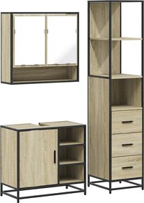 vidaXL Set mobilier de baie, 3 piese, stejar sonoma, lemn prelucrat