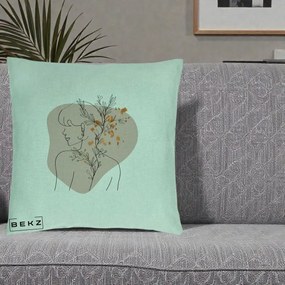 Perna Decorativa Femeie cu Flori Line Art Boho, 40x40 cm, Verde Menta, Husa Detasabila, Perna Inclusa, BEKZ®