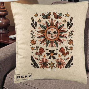Perna Decorativa Soare Boho Folk Fluturi, 40x40 cm, Bej, Husa Detasabila, Perna Inclusa, BEKZ®