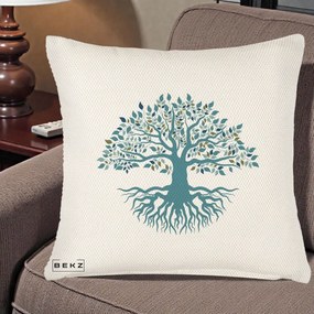 Perna Decorativa Copacul Vietii Teal cu Radacini, 40x40 cm, Crem Reliefat, Husa Detasabila, Perna Inclusa, BEKZ®
