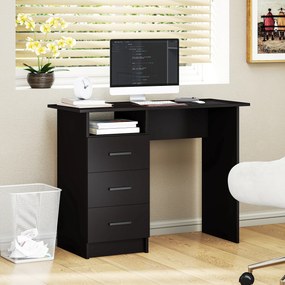 HOMCOM Birou Modern din Lemn cu 3 Sertare și Raft Deschis, 100x40x75 cm, Negru și Maro | Aosom Romania