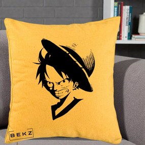 Perna Personalizata One Piece Luffy Silueta Alb-Negru, 40x40 cm, Galben, Husa Detasabila, Perna Inclusa, BEKZ®