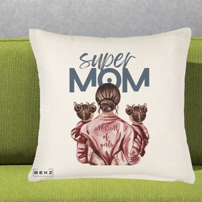 Cadou pentru Mama - Perna Personalizata Super Mom of Girls Mama cu Gemene, 40x40 cm, Crem Reliefat, Husa Detasabila, Perna Inclusa, BEKZ®